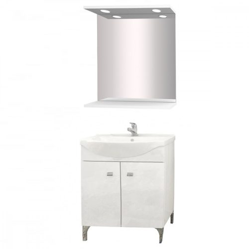 Toscano Új 67 komplett fürdőszobabútor kerámia mosdóval, polcos tükörrel, ledvilágítással (2 ajtós), magasfényű festett fehér