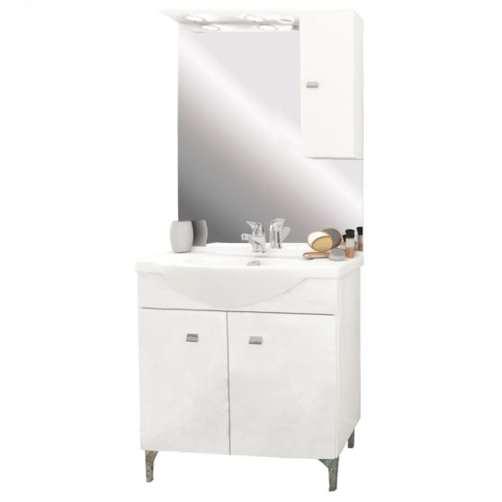 Toscano 76 komplett fürdőszobabútor kerámia mosdóval, tükörrel, ledvilágítással (2 ajtós), magasfényű festett fehér