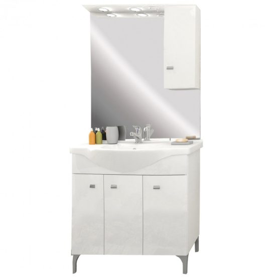 Toscano 86 komplett fürdőszobabútor kerámia mosdóval, tükörrel, ledvilágítással (3 ajtós), magasfényű festett fehér
