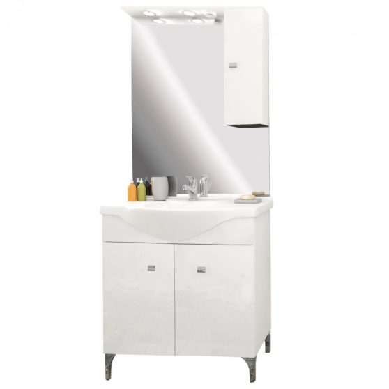 Toscano 86 komplett fürdőszobabútor kerámia mosdóval, tükörrel, ledvilágítással (2 ajtós), magasfényű festett fehér