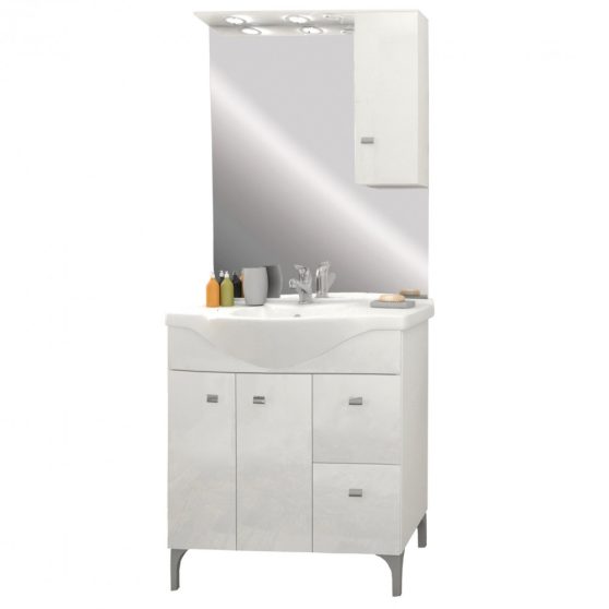 Toscano 86 komplett fürdőszobabútor kerámia mosdóval, tükörrel, ledvilágítással (2 ajtós, 2 fiókos), magasfényű festett fehér