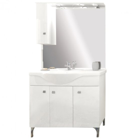 Toscano 106 komplett fürdőszobabútor kerámia mosdóval, tükörrel, ledvilágítással (3 ajtós), magasfényű festett fehér