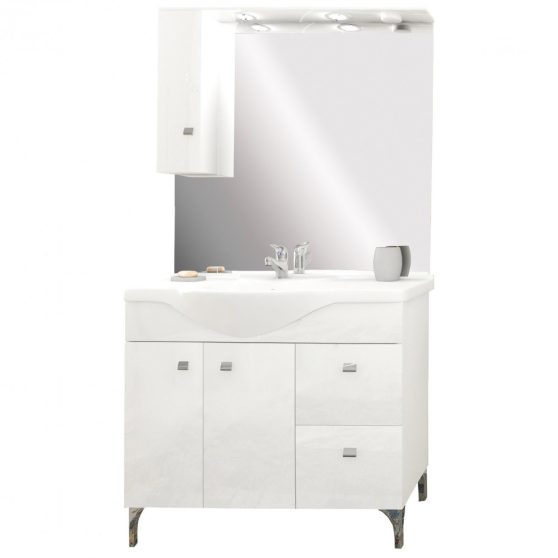 Toscano 106 komplett fürdőszobabútor kerámia mosdóval, tükörrel, ledvilágítással (2 ajtós, 2 fiókos), magasfényű festett fehér