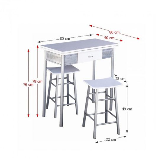 HOMER Bár szett összecsukható asztallal + 2 szék ezüst/fehér