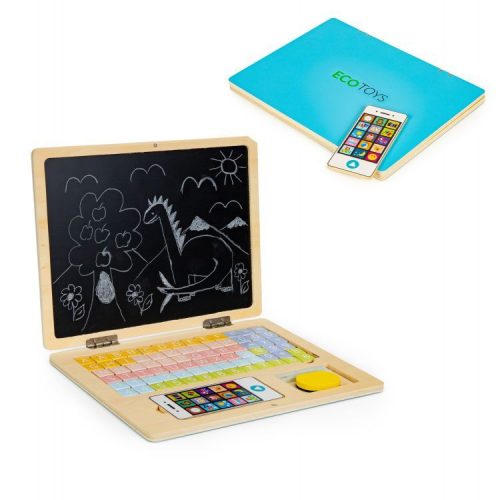 Fából készült mágneses oktató laptop telefonnal és betűkkel kék
