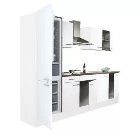 Yorki 270 konyhabútor fehér korpusz,selyemfényű fehér fronttal alulfagyasztós hűtős szekrénnyel