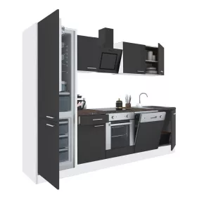 Yorki 280 konyhabútor fehér korpusz,selyemfényű antracit front alsó sütős elemmel alulfagyasztós hűtős szekrénnyel