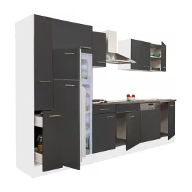 Yorki 310 konyhabútor fehér korpusz,selyemfényű antracit fronttal felülfagyasztós hűtős szekrénnyel