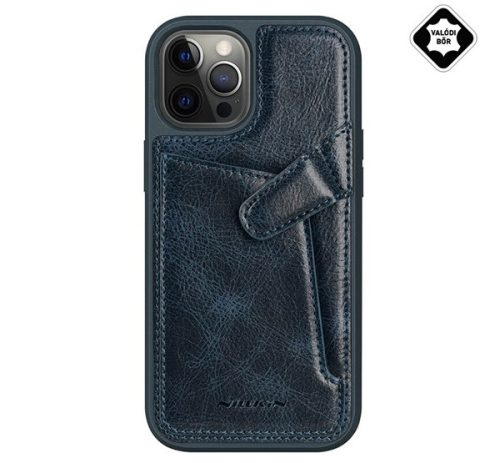 NILLKIN AOGE műanyag telefonvédő valódi bőr hátlap, mikrofiber plüss belső, kártyazseb SÖTÉTKÉK