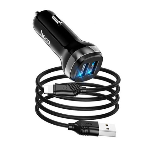 HOCO Z40 autós töltő 2 USB aljzat 12W, gyorstöltő, LED jelzés + lightning kábel FEKETE
