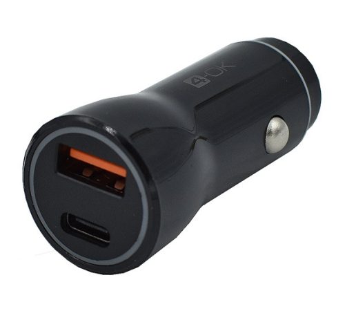4-OK autós töltő USB+Type-C aljzat 20W, PD gyorstöltő FEKETE
