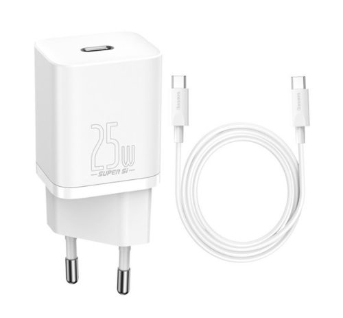 BASEUS hálózati töltő Type-C aljzat 25W, PD gyorstöltő + Type-C kábel FEHÉR