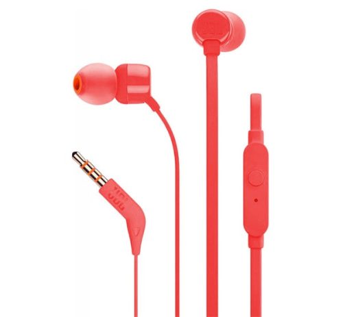 JBL T110 fülhallgató SZTEREO 3.5mm jack, felvevő gomb, lapos kábel PIROS