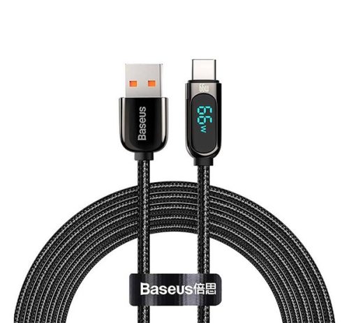 BASEUS adatkábel USB - Type-C, 66W, gyorstöltő, 200cm, LED kijelző, cipőfűző FEKETE
