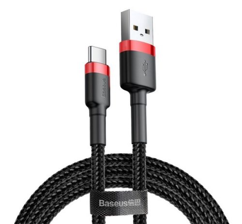 BASEUS CAFULE adatkábel USB - Type-C, 2A, PD gyorstöltő 3.0, 300cm, cipőfűző PIROS/FEKETE