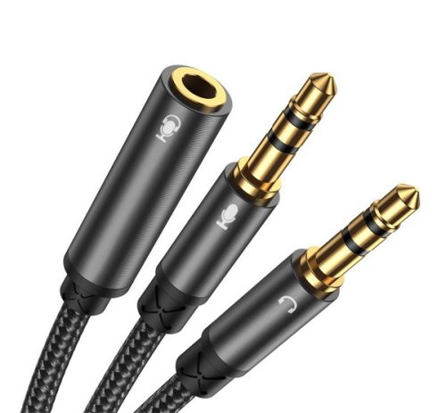 JOYROOM audió kábel elosztó 3.5mm jack aljzat - 2 3.5mm jack, 20cm, cipőfűző FEKETE