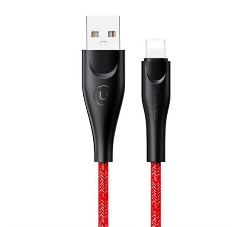 USAMS U41 adatkábel USB - lightning, 2A, gyorstöltő, 200cm, törésgátló, cipőfűző PIROS