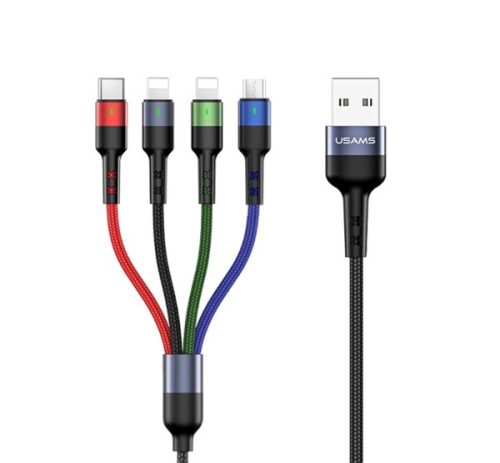 USAMS U26 adatkábel 4in1 USB - 2 lightning/Type-C/microUSB, 2A, gyorstöltő, 35cm FEKETE