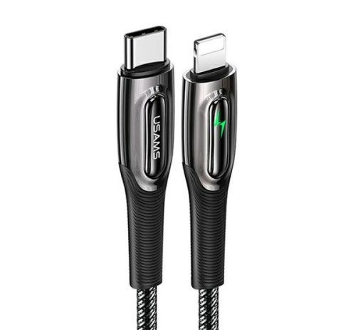 USAMS SJ518 adatkábel Type-C - lightning, 20W, PD gyorstöltő, 120cm, cipőfűző, LED jelzés FEKETE