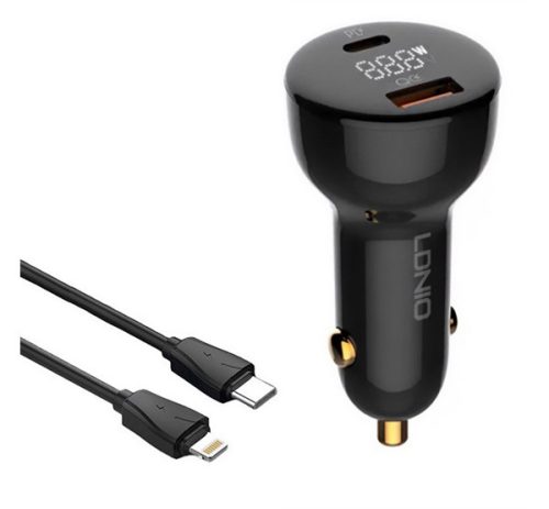 LDNIO autós töltő USB+Type-C aljzat 100W, PD gyorstöltő 3.0 + lightning kábel FEKETE