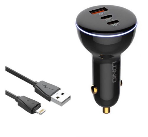 LDNIO autós töltő USB+2 Type-C aljzat 160W, gyorstöltő 3.0 + lightning kábel FEKETE