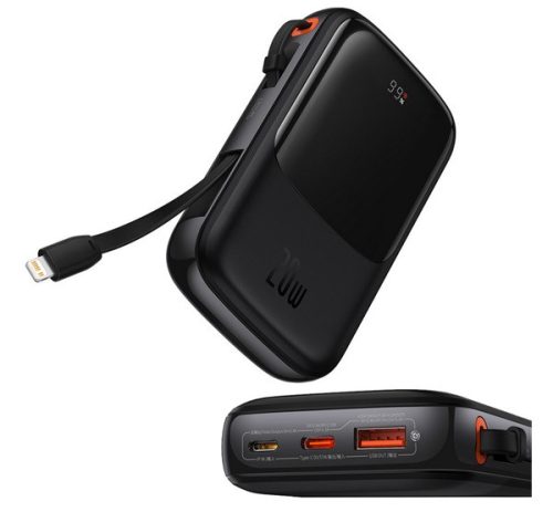 BASEUS QPOW PRO OE vésztöltő USB+2 Type-C aljzat 10000mAh, 20W, gyorstöltő, LED kijelző + Type-C kábel FEKETE