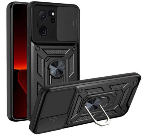 Defender műanyag telefonvédő ütésállóság, szilikon belső, tartógyűrű, kameravédő FEKETE