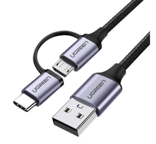 UGREEN adatkábel 2in1 USB - Type-C/microUSB, 3A, gyorstöltő 3.0, 100cm FEKETE