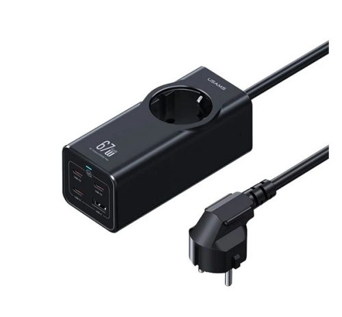 USAMS hálózati elosztó AC+USB+3 Type-C aljzat, 67W, GaN, PD gyorstöltő + 150cm tápkábel FEKETE
