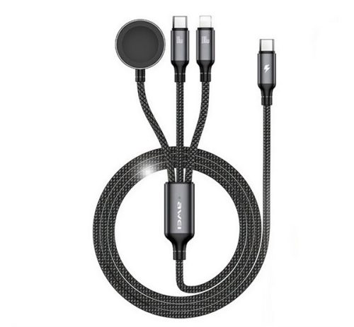 AWEI töltőkábel 3in1 Type-C - lightning/Type-C, Apple Watch töltő, 100W, wireless, gyorstöltő, 120cm FEKETE
