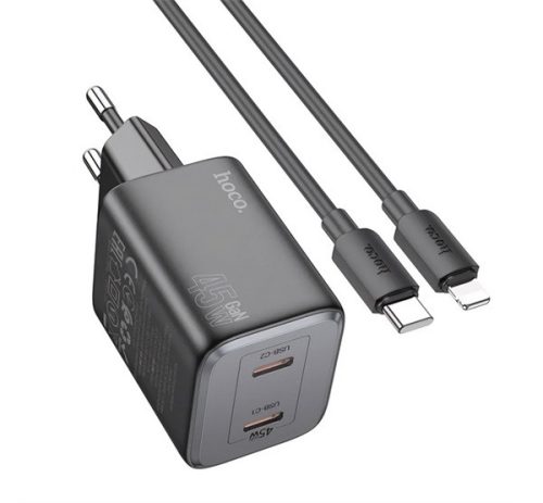 HOCO N42 hálózati töltő 2 Type-C aljzat 45W, GaN, PD gyorstöltő 3.0 + lightning kábel FEKETE