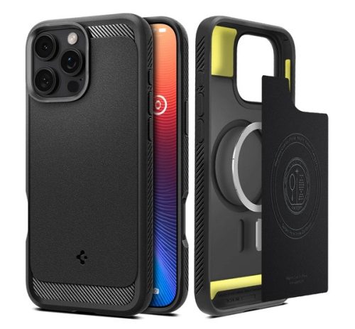 SPIGEN RUGGED ARMOR szilikon telefonvédő ütésállóság, légpárnás sarok, karbon minta, MagSafe FEKETE