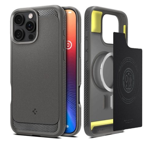 SPIGEN RUGGED ARMOR szilikon telefonvédő ütésállóság, légpárnás sarok, karbon minta, MagSafe VILÁGOSSZÜRKE