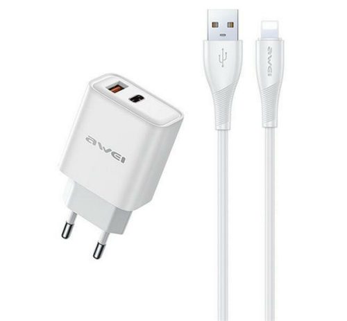 AWEI PD81L-EU hálózati töltő USB+Type-C aljzat 22.5W, GaN, PD gyorstöltő + lightning kábel FEHÉR