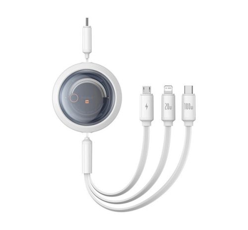 BASEUS FREE2DRAW adatkábel 3in1 Type-C - lightning/microUSB/Type-C, 100W, gyorstöltő, 110cm, csévélhető FEHÉR