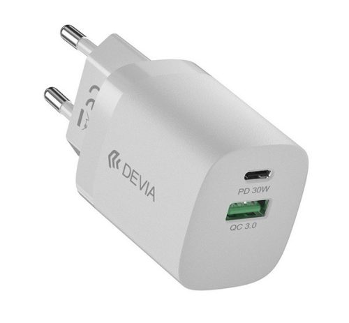 DEVIA SMART hálózati töltő Type-C+USB aljzat 30W, PD gyorstöltő. GaN FEHÉR