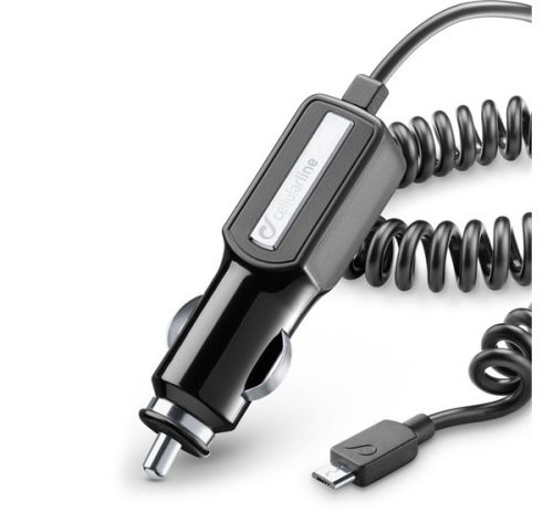 CELLULARLINE autós töltő 10W + fix microUSB, gyorstöltő, spirálkábel FEKETE
