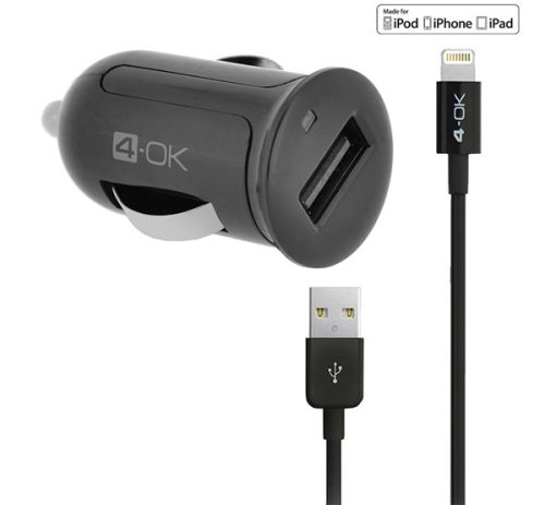 4-OK autós töltő USB aljzat 12W, IPCMB5 utód + lightning kábel FEKETE