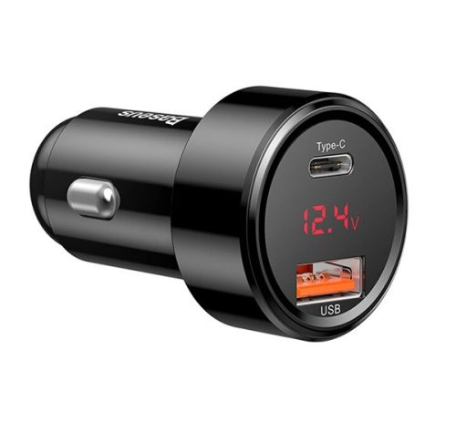 BASEUS MAGIC autós töltő USB+Type-C aljzat 45W, PD gyorstöltő 4.0, LED kijelző FEKETE