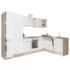 Yorki 310 sarok konyhabútor sonoma tölgy korpusz,selyemfényű fehér front alsó sütős elemmel polcos szekrénnyel