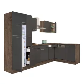 Yorki 310 sarok konyhabútor yorki tölgy korpusz,selyemfényű antracit fronttal felülfagyasztós hűtős szekrénnyel