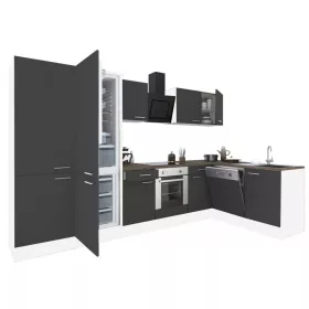 Yorki 340 sarok konyhabútor fehér korpusz,selyemfényű antracit front alsó sütős elemmel polcos szekrénnyel, alulfagyasztós hűtős szekrénnyel