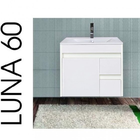 Luna 60 alsó fürdőszoba bútor mosdóval, tükörfényes fehér színben