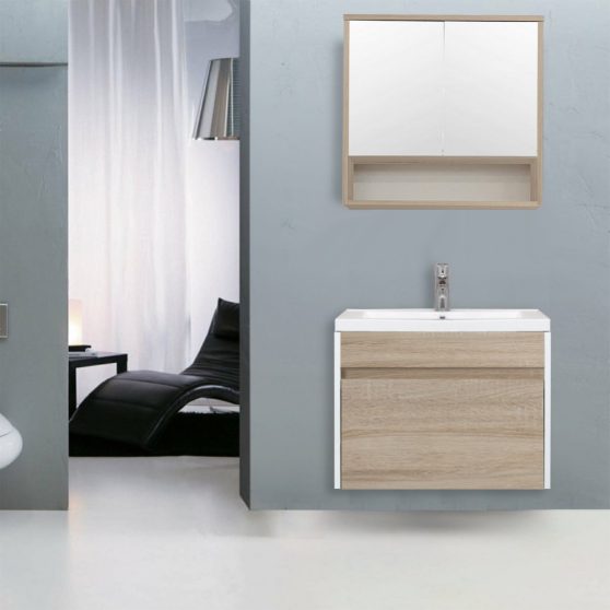 Primo 60 alsó fürdőszoba bútor mosdóval tükörfényes fehér-sonoma tölgy színben