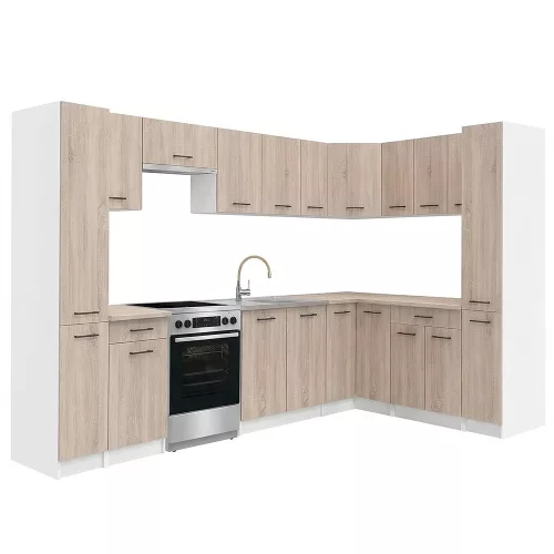 Praktik 390 sarok konyhabútor fehér korpusz, sonoma tölgy front