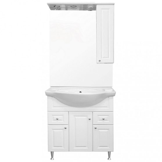 Rómeó 75 komplett fürdőszoba bútor, magasfényű fehér színben, jobbos