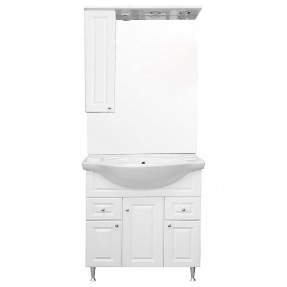 Rómeó 85 komplett fürdőszoba bútor, magasfényű fehér színben, balos