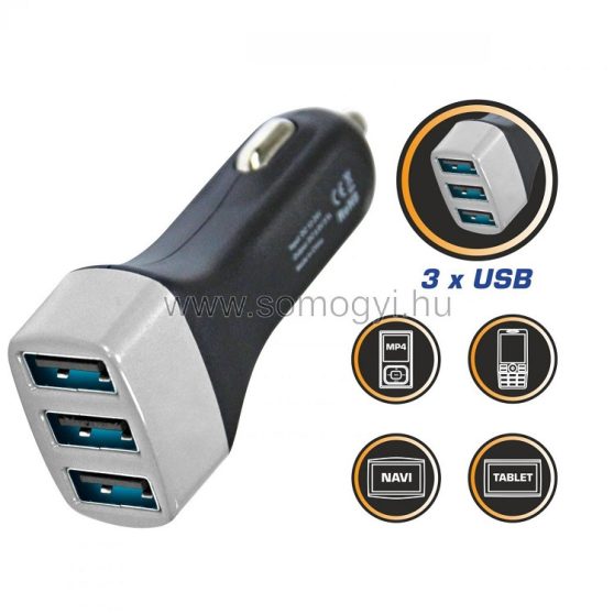 Autós USB töltő, 3 aljzat, 3,1A