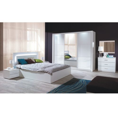 Hálószoba garnitúra (Szekrény+Ágy 160x200+2x éjjeliszekrény), fehér-magasfényű fehér HG, ASIENA