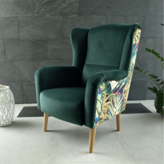 Dizájnos fotel, szövet smaragd-minta Jungle, BELEK